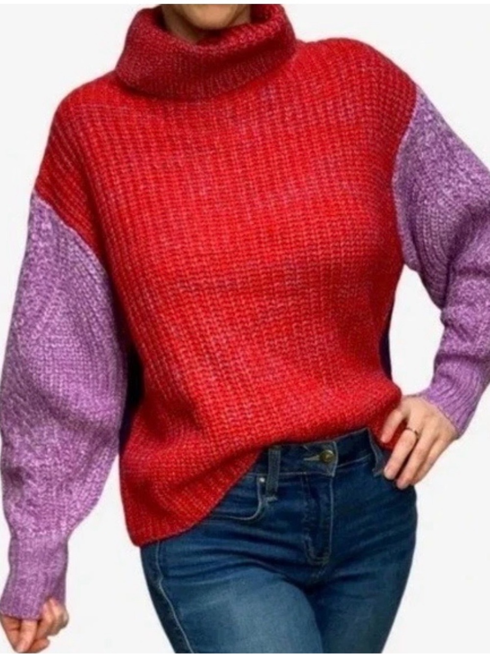Elodie Anthropologie Red and Purple Colorblock Chunky Cowl Neck Sweater